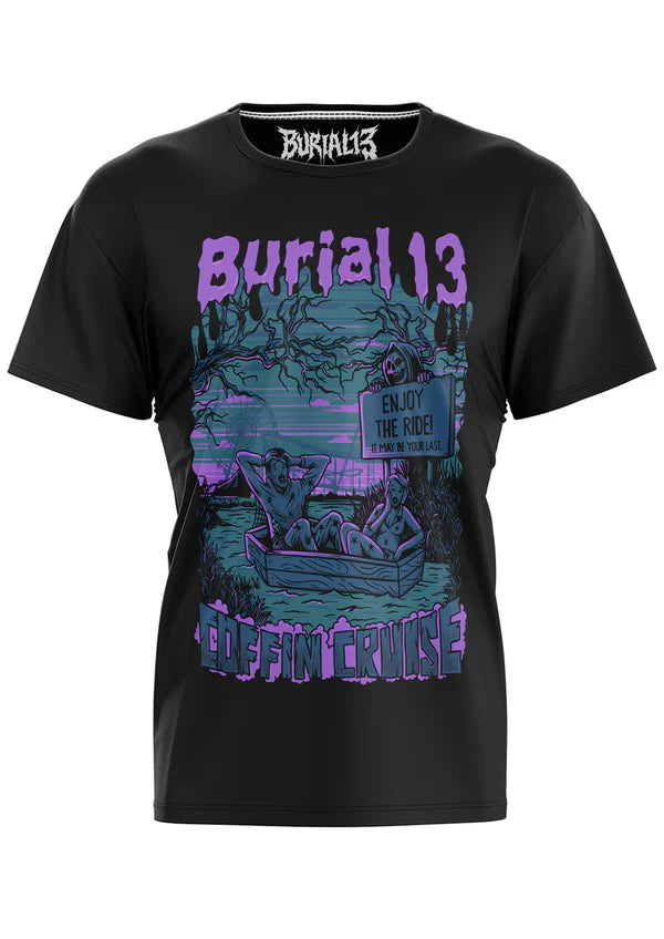 Schwarzes Oberteil COFFIN CRUISE Shirt mit großem blau/lilafarbenden Print von BURIAL 13 von Easure