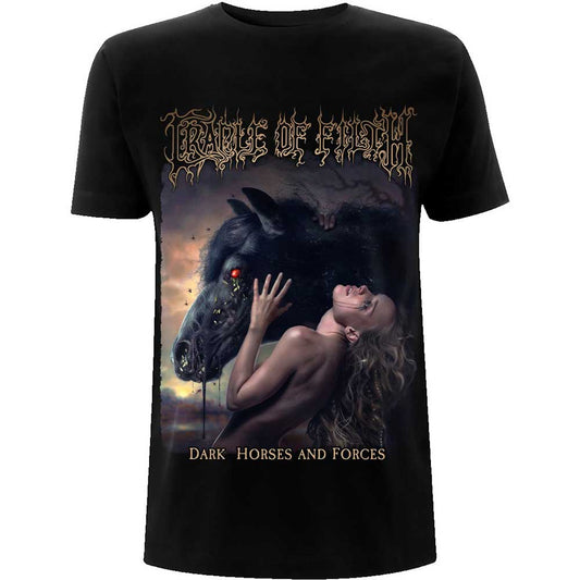 Lizensiertes Cradle Of Filth Dark Horses Bandshirt mit Frauen- und Pferdeprint, sowie Tourdaten auf Rückseite