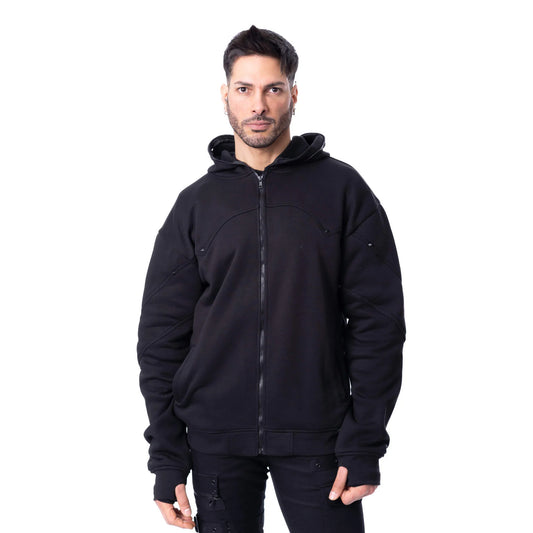 Schwarze Kapuzenjacke CROWE HOOD mit verschließbarer Kapuze von Poizen Industries