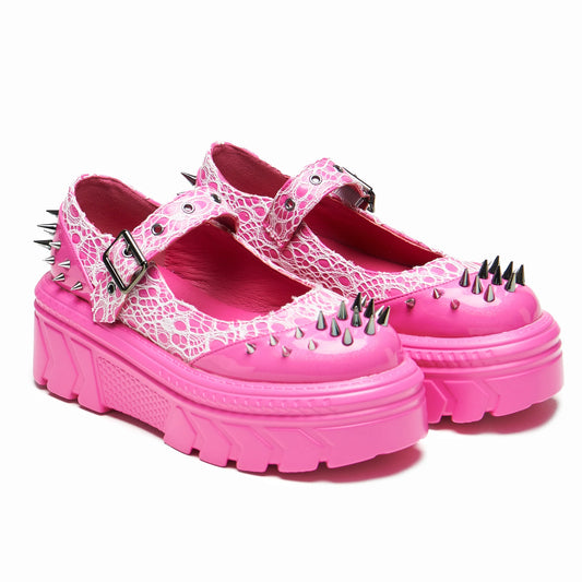 Neonpinker Halbschuh CANDYFLOSS DEMON Spiked Stomper Mary Janes Vegan mit Killernieten von KOI