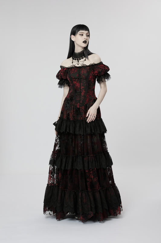 Langer, schwarz-roter Rock mit gestuften Spitzenrüschen DARK PALACE RED DRESS mit kurzen Puffärmeln von Punk Rave