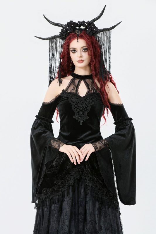 Schwarzes Shirt Celestial Darkness Velvet Top mit Samtstoff und Spitzenelementen von Dark In Love