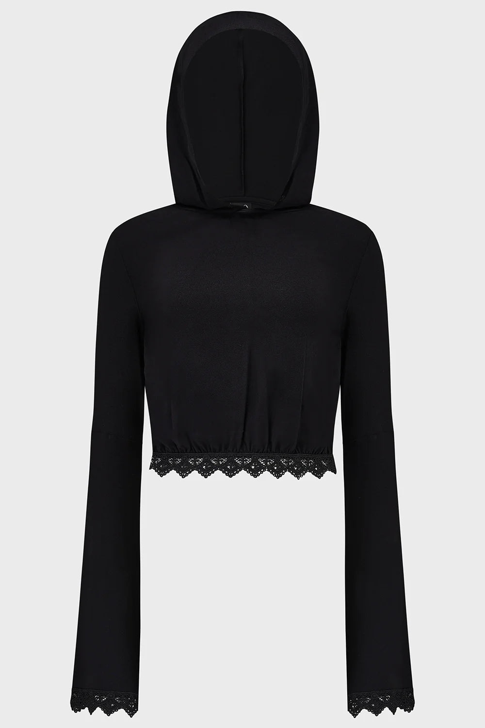 Schwarzes Shirt DARKWOOD GROVE TOP mit Kapuze, Spitzendetails und weiten Ärmeln von Killstar