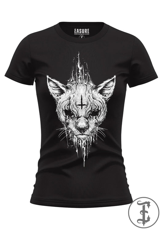 Schwarzes, tailliertes Demon Cat Shirt Ladies mit Katzenkopfprint von EASURE