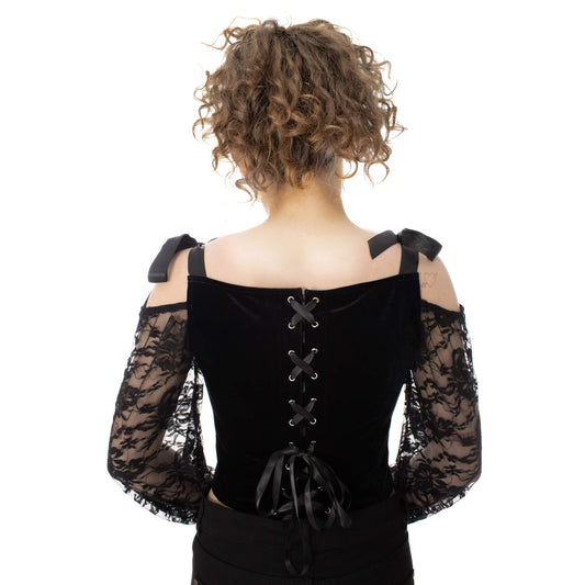 Schwarzes Oberteil DRUSILLA CORSET TOP Black mit Spitzenärmeln an den Ärmeln von Poizen Industries