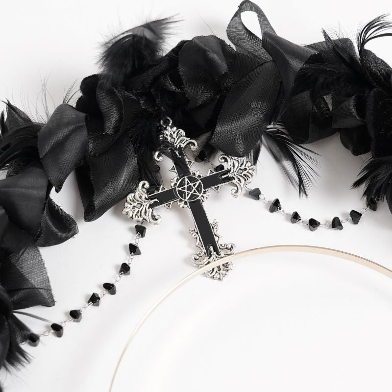 Schwarzer Gothic-Fantasy-Haarreif Black Swan Halo Headband im Heiligenschein-Stil mit schwarzen Federn und Kreuz von Eva Lady