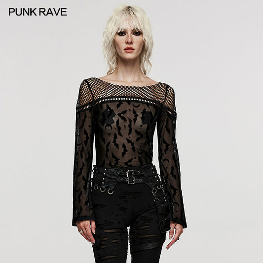 Schwarzes, transparentes Langarm-Meshshirt NIGHT SKY TOP mit Fledermausprint und Fischnetzärmeln und -schulterpartie von Punk Rave
