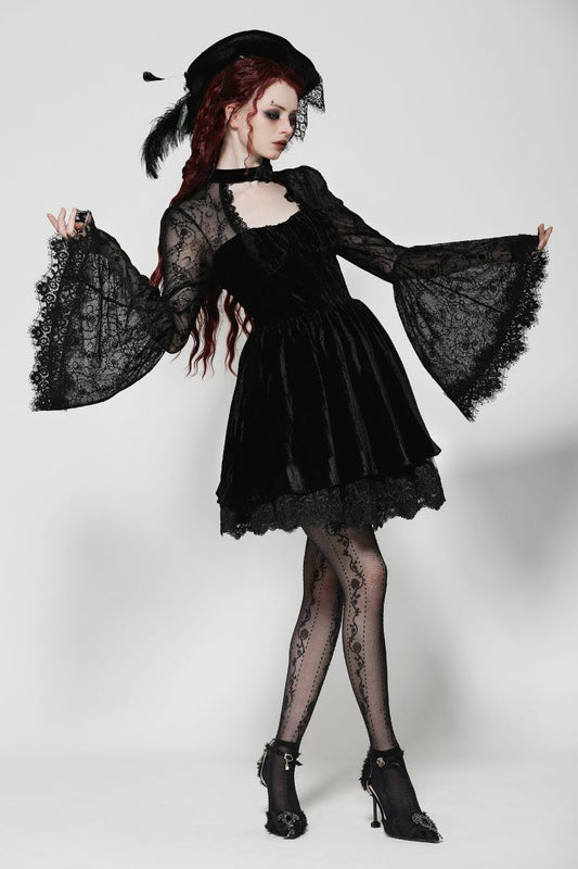 Schwarzes, kurzes Samtkleid BLACK THORNED ROSE DRESS mit Meshärmeln von Dark In Love