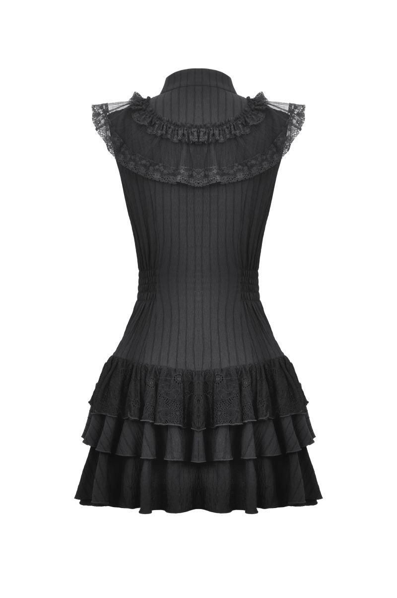 Schwarzes, kurzes Kleid MEDEA SLEEVELESS LACE DRESS Knöpfen ander Vorderseite und Spitzendetails von Dark In Love