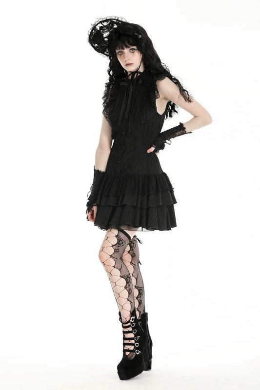 Schwarzes, kurzes Kleid MEDEA SLEEVELESS LACE DRESS Knöpfen ander Vorderseite und Spitzendetails von Dark In Love