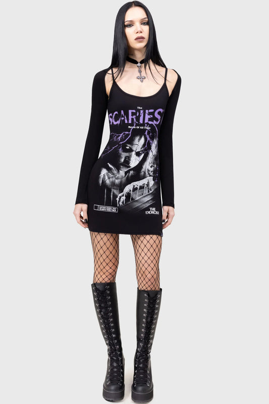Schwarzes, kurzes Kleid DEMONS EXIST CAMI DRESS mit the Exorcist Print von Killstar