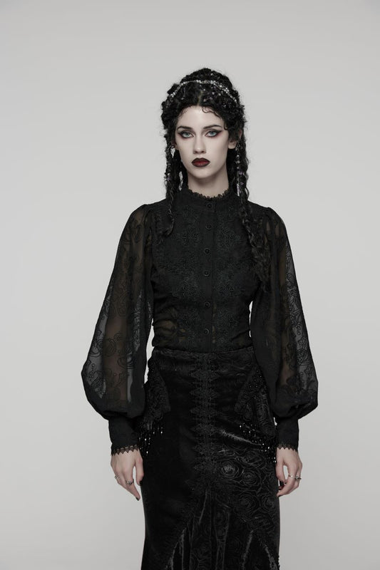 Schwarze Bluse Diadema Black Shirt mit Spitzenelementen von Punk Rave
