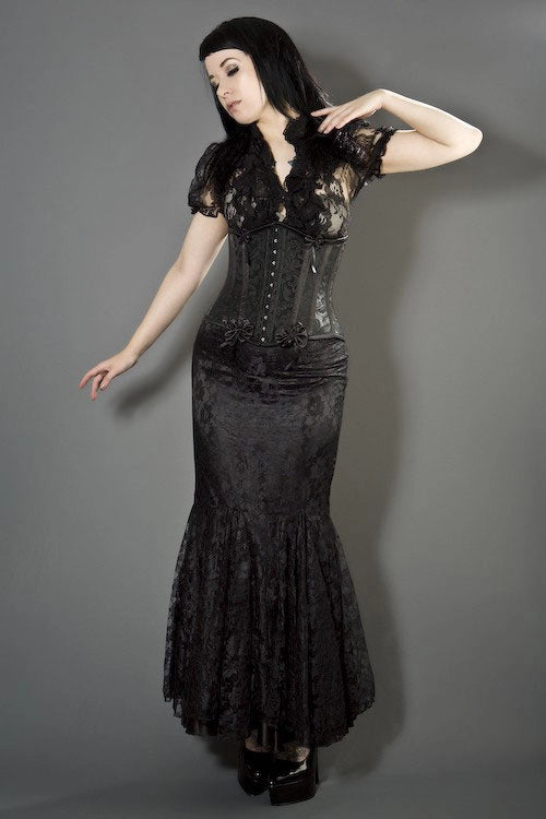 Daisy Underbust Burlesque Corset aus schwarzem Brokat mit Rankenmuster von Burleska