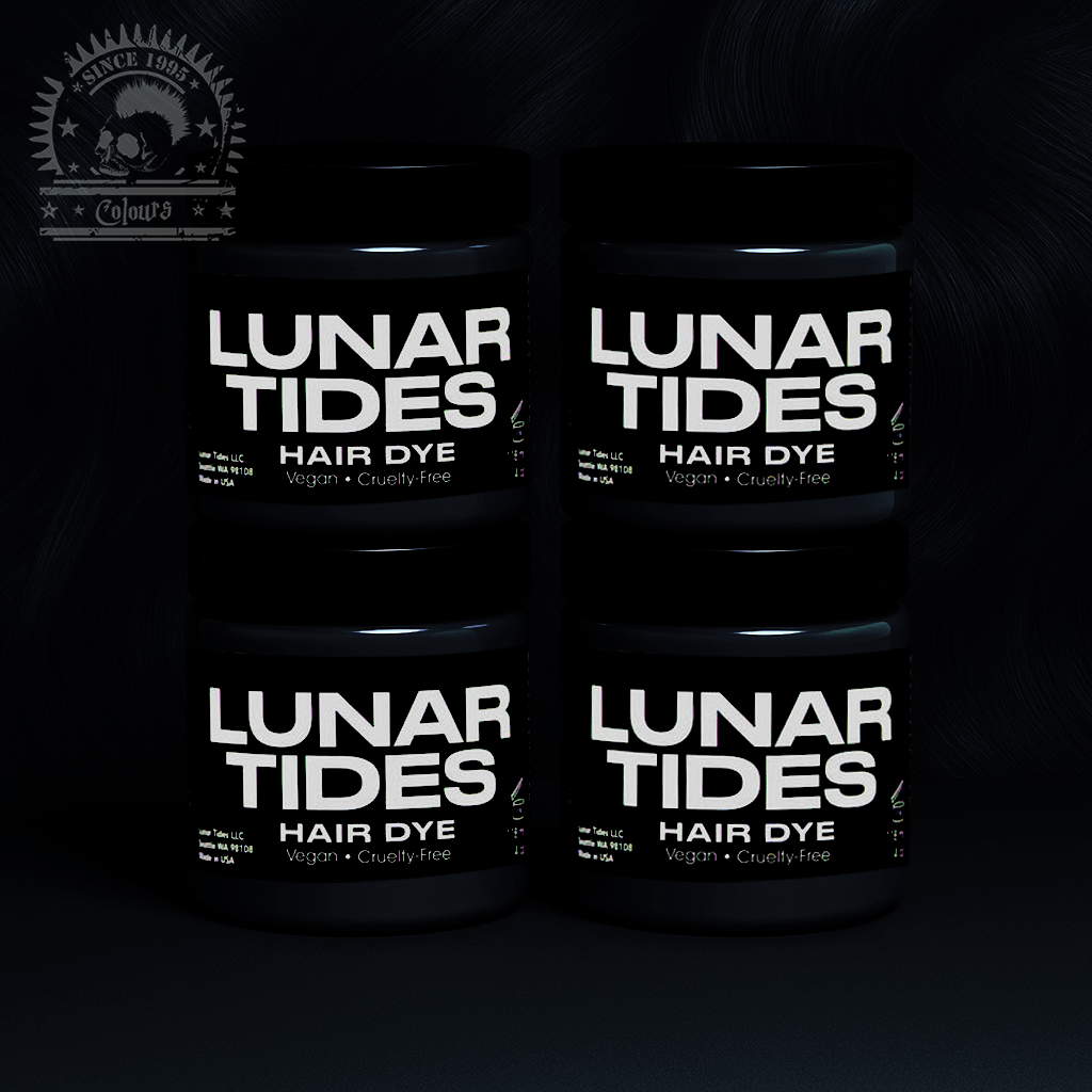 semi-permanente Haartönung 4er-Sparset ECLIPSE BLACK in dem hochpigmentierten Farbton Schwarz mit blauen und violetten Untertönen von Lunar Tides