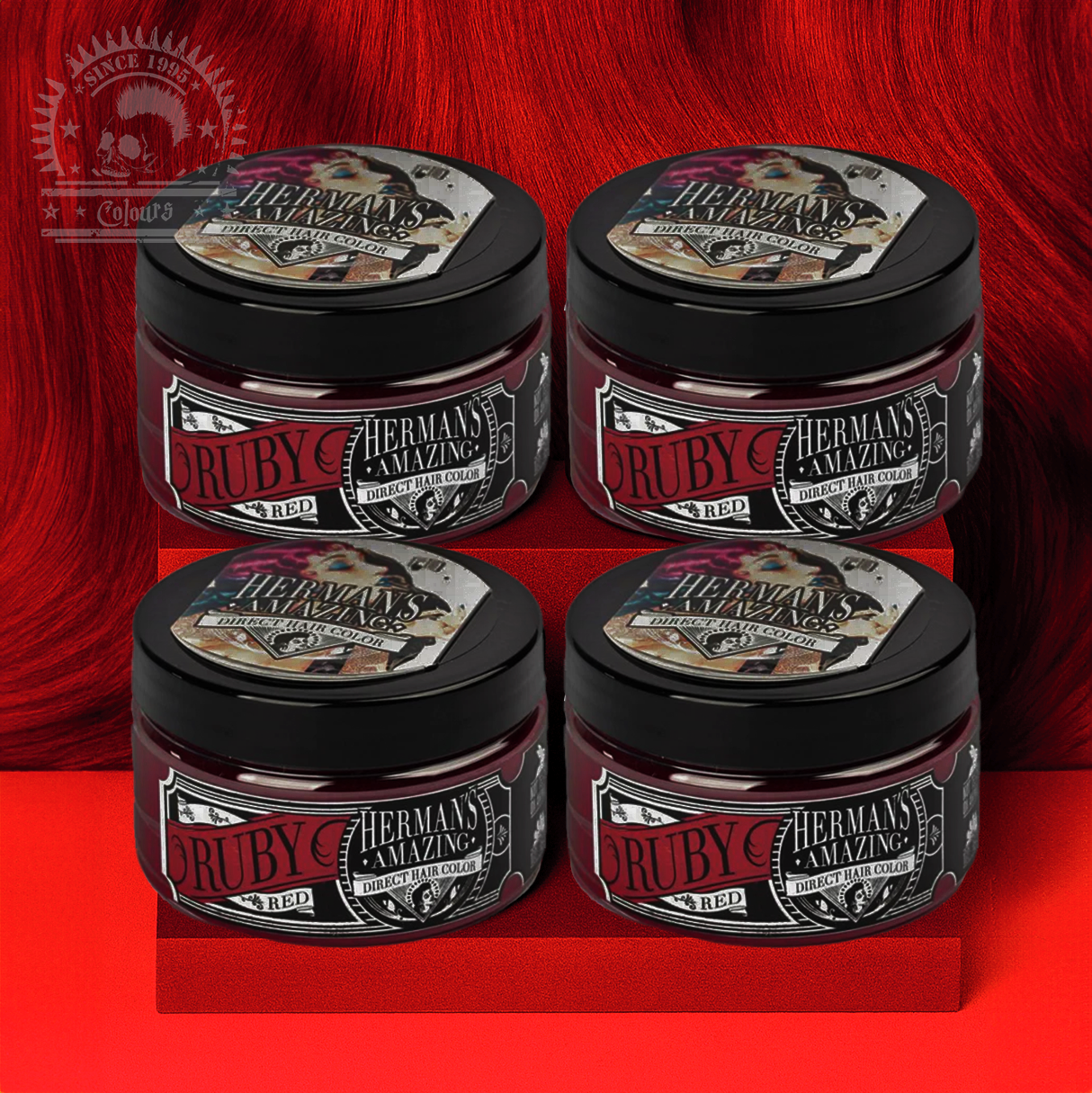 semi-permanente Haartönung 4er-Sparset RUBY RED in dem Farbton Dunkelrot von Herman's Amazing