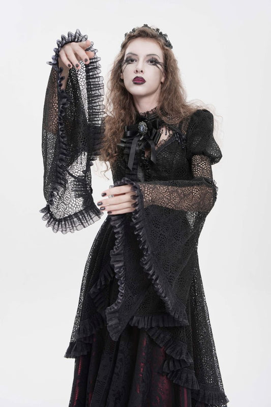 Schwarzes Spitzenoberteil Mysticum Luna Shirt im romantischen Gothic-Stil mit langen, ausgestellten Ärmeln von Eva Lady