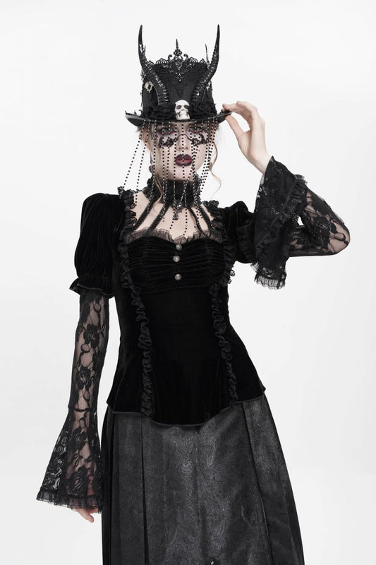 Schwarzes, tailliertes Samttop Velvet Dominion Top Black mit Juliet-Ärmeln aus Spitze von Punk Rave