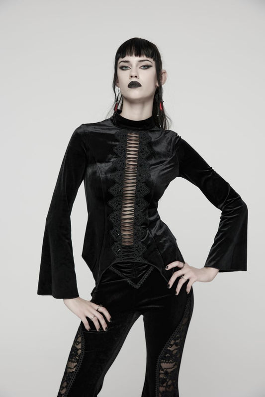 Schwarzes Langarmshirt Eclipse Initiate Black Velvet Top mit Meshelement von Punk Rave