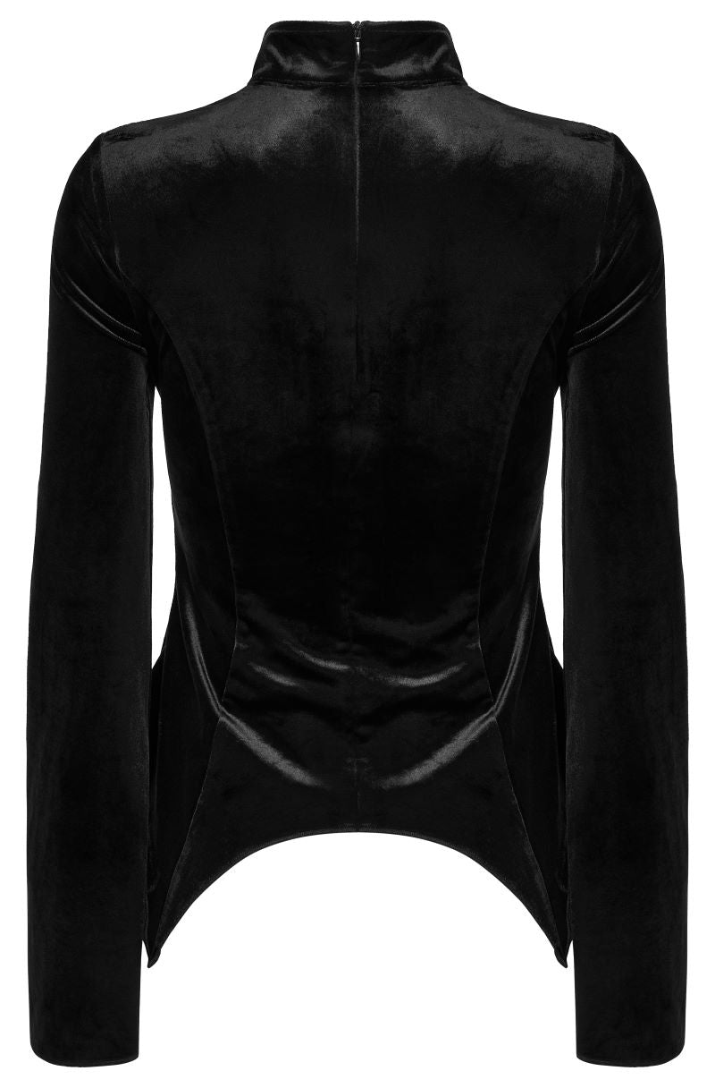 Schwarzes Langarmshirt Eclipse Initiate Black Velvet Top mit Meshelement von Punk Rave