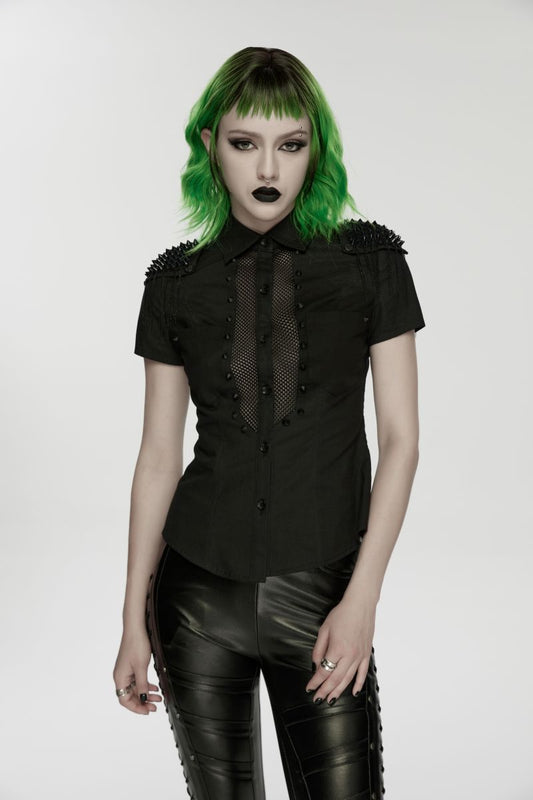 Schwarzes, figurbetontes Kurzarmhem Mistress Mayhem Shirt mit Nieten besetzt von Punk Rave