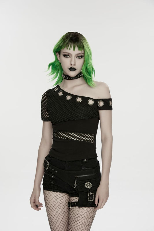 Schwarzes, figurbetontes Punk-Oberteil Nexus Asymmetric Off-Shoulder Top im One-Shoulder-Stil mit Mesh-Einsätzen und großen Ösen-Details von Punk Rave