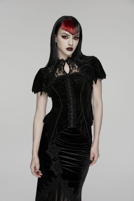 Schwarzes Samt-Oberteil Roses Rhapsody Top im romantischen Gothic-Stil mit kurzen Flatterärmeln, Spitzen-Ausschnitt und Rüschendetails von Punk Rave