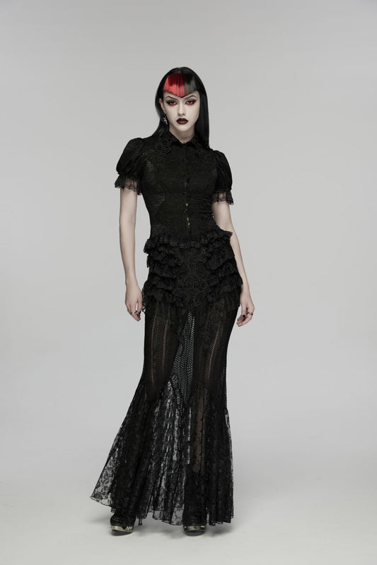 Schwarzes Gothic-Romantik-Spitzenoberteil Dark Ophelia Short Sleeve Laced Shirt mit kurzen Ärmeln und Kragen mit Spitzenapplikation von Punk Rave