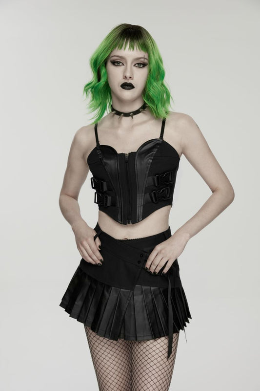 Schwarzer Minirock Ex Machina Pleated Skirt im asymmetrischen Design mit Kunstlederdetails von Punk Rave