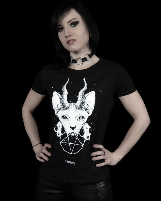 Schwarzes Oberteil Evil Cat Shirt mit Katzen- und Pentagramprint von Tributica