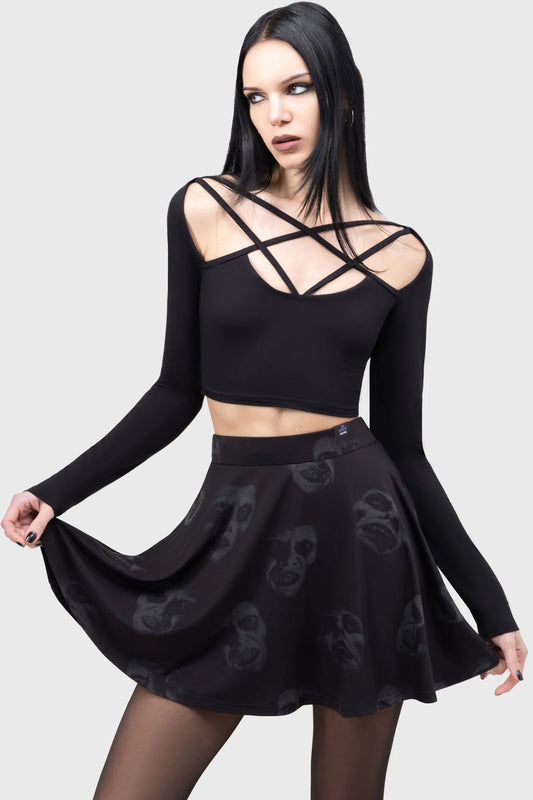 Schwarzer Mini-Rock EXCELLENT DAY FOR AN EXORCISM SKATER SKIRT mit the Exorcist Print von Killstar
