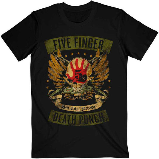 Lizensiertes Five Finger Death Punch Locked &amp; Loaded Bandshirt mit Totenkopfprint im Army-Design