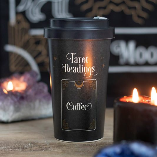 Schwarzer Reisebecher Tarot Readings Bamboo Eco Travel Mug im Tarotdesign