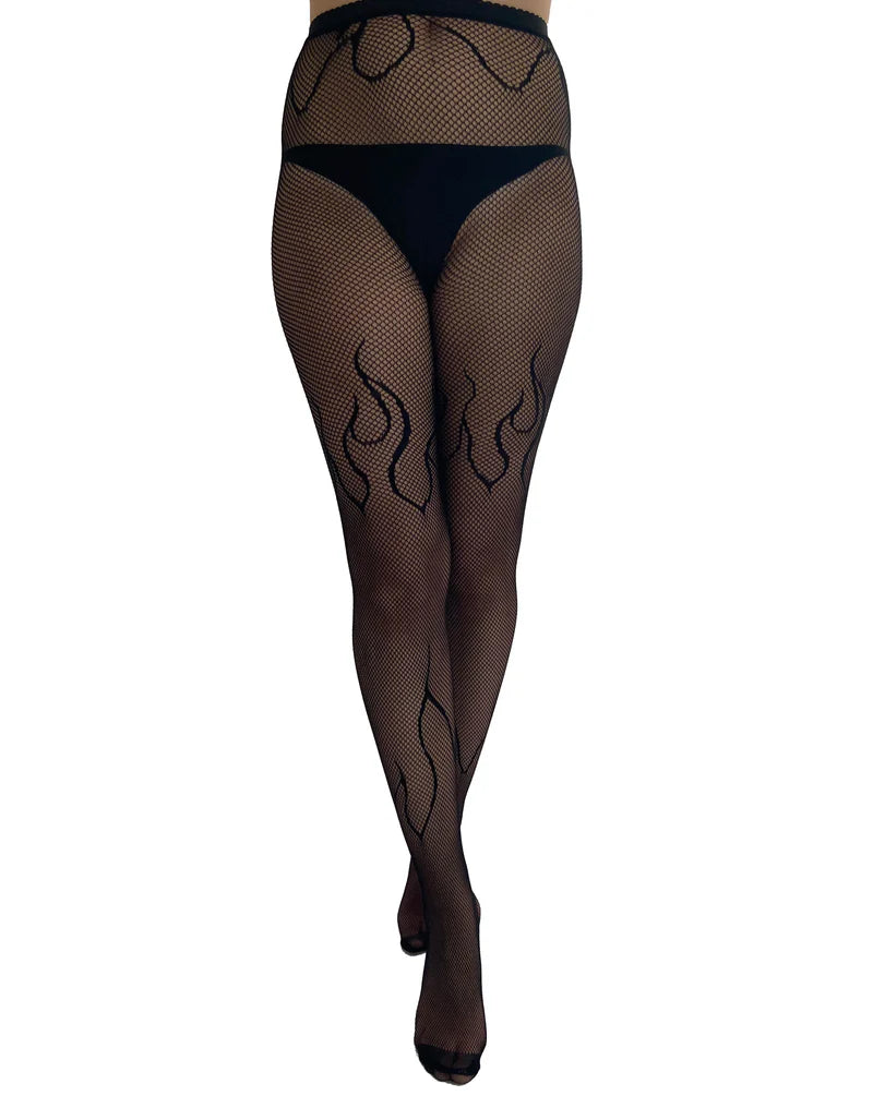 Schwarze Flaming Net Tights aus Fischnetzstoff mit Flammemuster von Pamela Mann