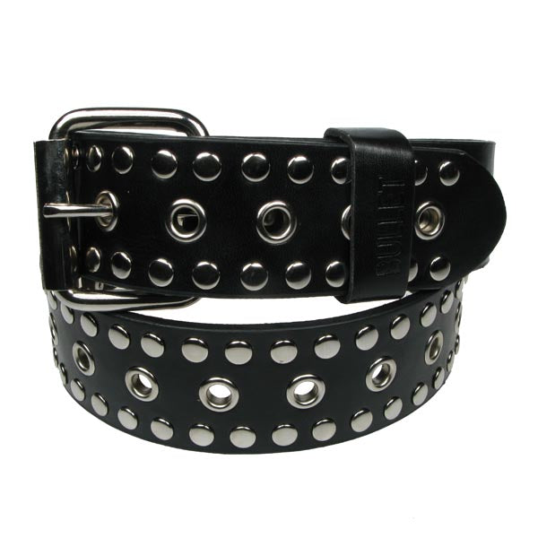 Schwarzer Nietengürtel Rock it aus Kunstleder mit silberfarbenden Ösen und kleinen runden Nieten von Bullet69