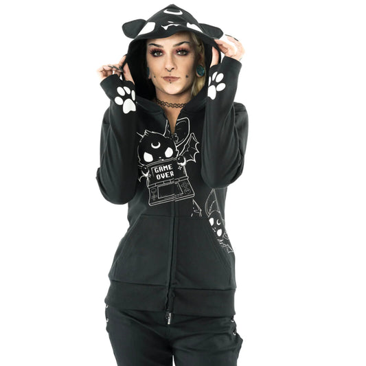 Schwarze Sweatshirtjacke GAME OVER HOOD mit niedlichem Fledermausprint und Fledermausohren an der Kapuze von Heartless