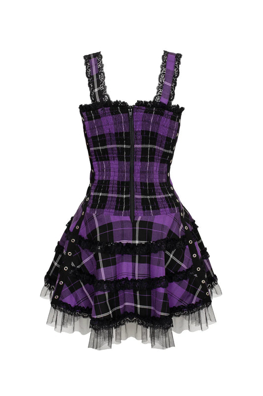 Lila-schwarzes Schottenkaro-Kleid Harley Purple Tartan Dress im Punk-Stil mit Zierschnürung von Hellbunny