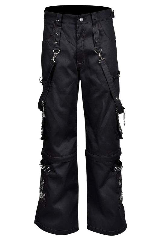 Schwarze Hose GRAY SPIKE PANTS mit grauem Colours-Skull-Print auf Taschen, sowie vielen Nieten, Ketten und Riemen mit Colours Branding