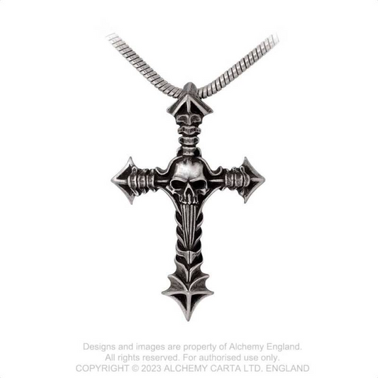 Cruxinomica Kette von Alchemy - eine düstere Lovecraft-Interpretation des heiligen Kreuzes des Kreuzfahrers. Von Hand geformtes Kreuz aus massivem Zinnmetall mit Wirbeln und Halbschädeldetail. Hängt an einer passenden Schlangenkette