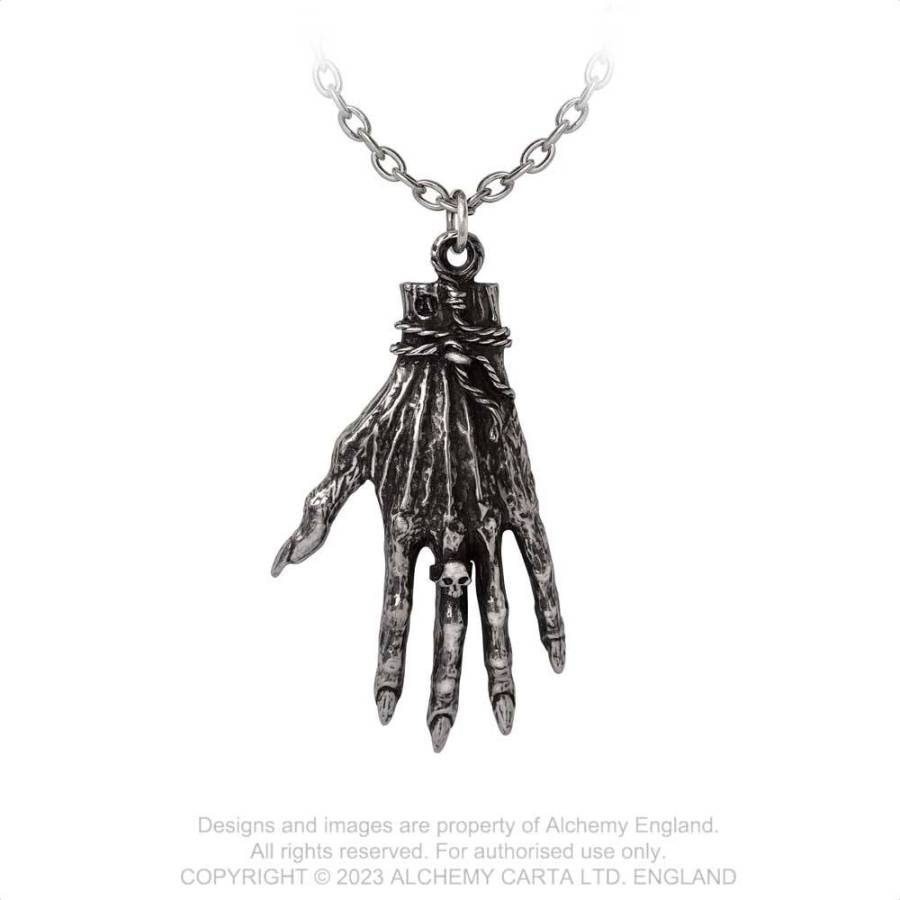 Hand Of Glory Kette von Alchemy - eine massiv gegossene, silberfarbene Nachbildung einer Hand mit spitzen Fingernägeln, einem winzigen Totenkopf-Ringdetail und einem blau eingelegten Augapfel