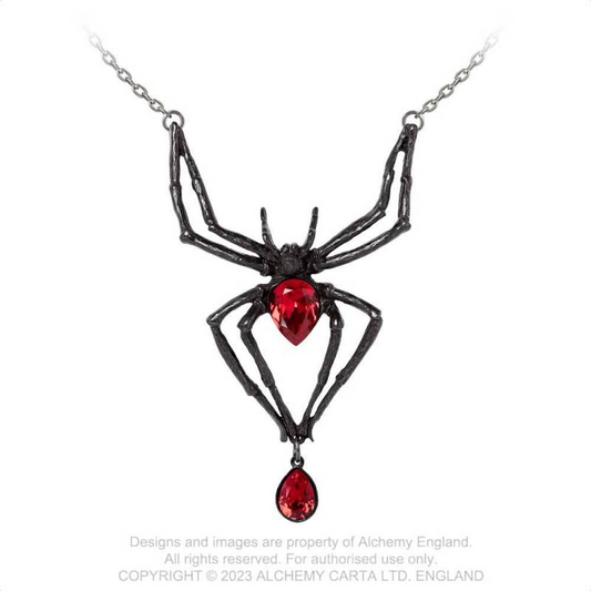 Black Widow Kette von Alchemy mit riesigem Spinnenanhänger aus geschwärztem Zinn, besetzt mit roten österreichischen Kristallen
