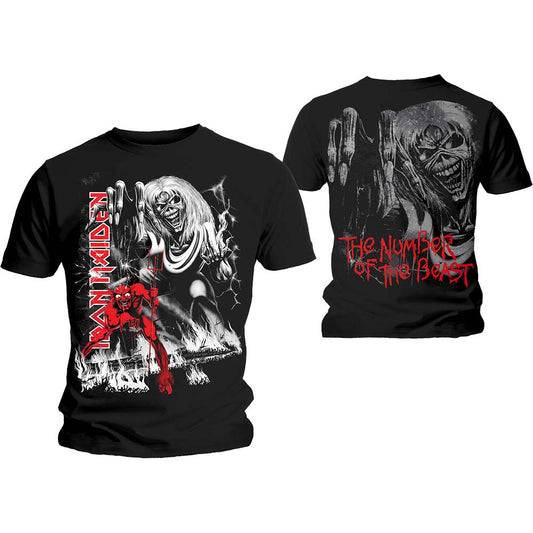 Lizensiertes Iron Maiden Number Of The Beast Bandshirt mit roten Teufelsprint, sowie weißem Zombieprint auf der Vorder- und Rückseite