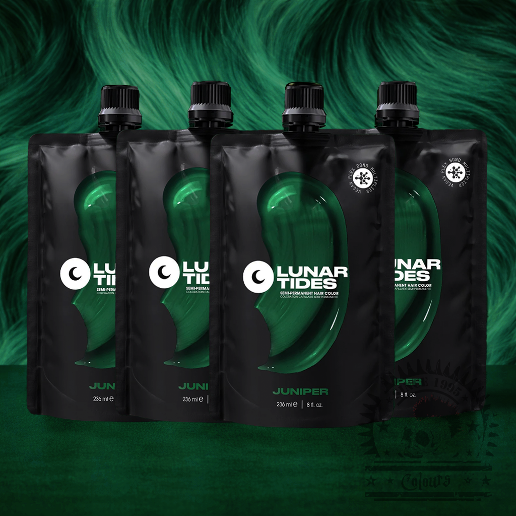 Vier semi-permanente Haartönungen 4er-Sparset Juniper Green in dem Farbton kräftiges Dunkelgrün mit schwarzen Untertönen von Lunar Tides