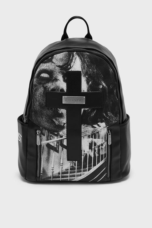 Schwarzer Rucksack KEEP AWAY BACKPACK mit the Exorcist Print von Killstar