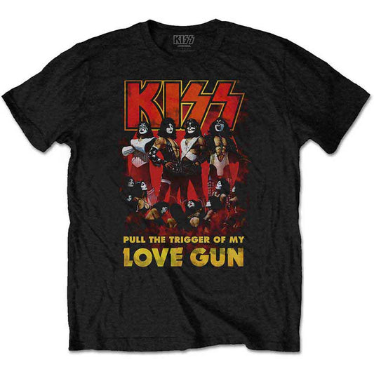 Lizensiertes KISS Love Gun Glow Bandshirt mit buntem Bandprint, sowie gelber Aufschrift 'Pull The Trigger Of My Love Gun'