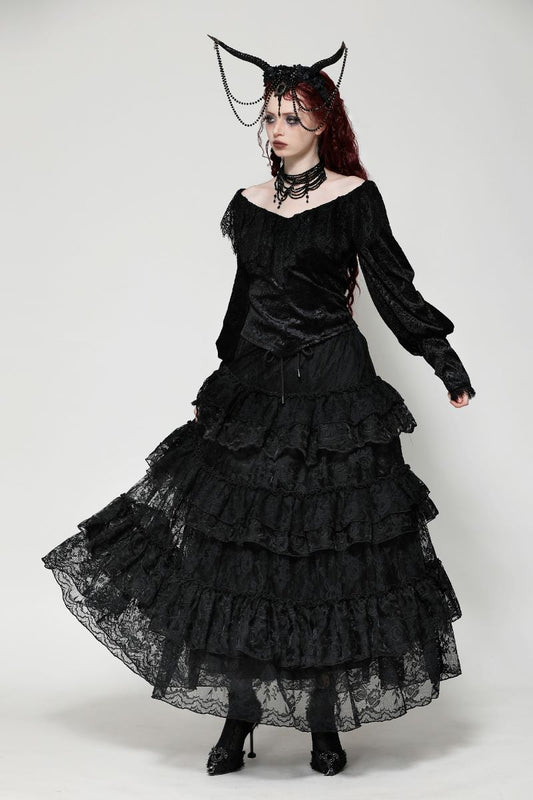 Schwarzer, langer Rock ROSES RHAPSODY SKIRT aus Spitze mit Rosenmuster von Dark In Love