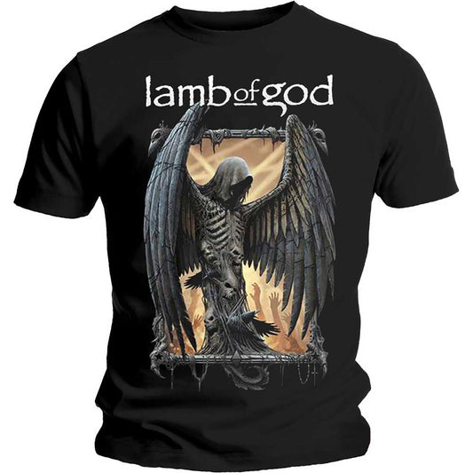 Lizensiertes Lamb of God Winged Death Bandshirt mit Print einer unheimlichen Kreatur mit Flügeln und Totenkopfdetails