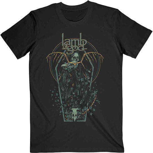 Lizensiertes Lamb Of God Coffin Kopia Bandshirt im dunkelgrünem, naturnahem Design mit Totenkopf-, Skelett- und Blätterprint