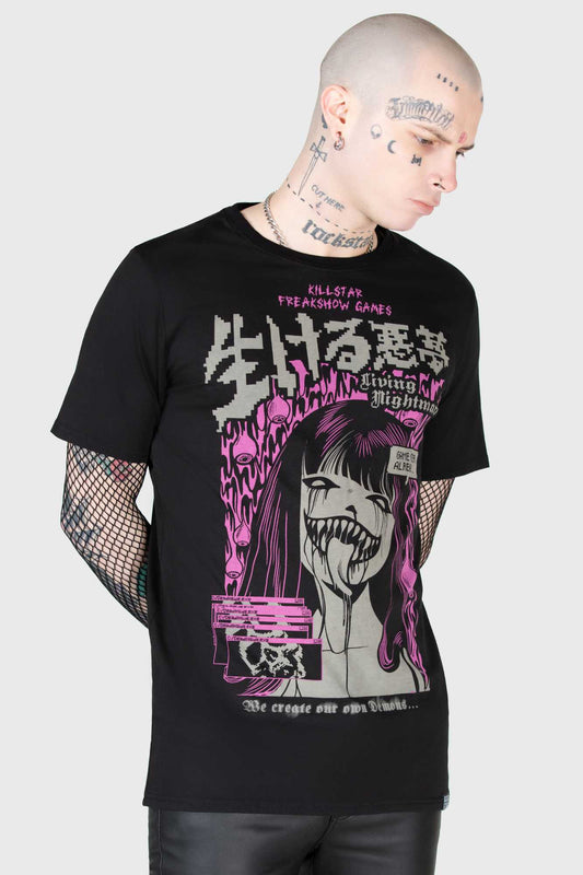 Schwarzes LIVING NIGHTMARE T-SHIRT mit Demonenmädchenprint im pinken Design von Killstar