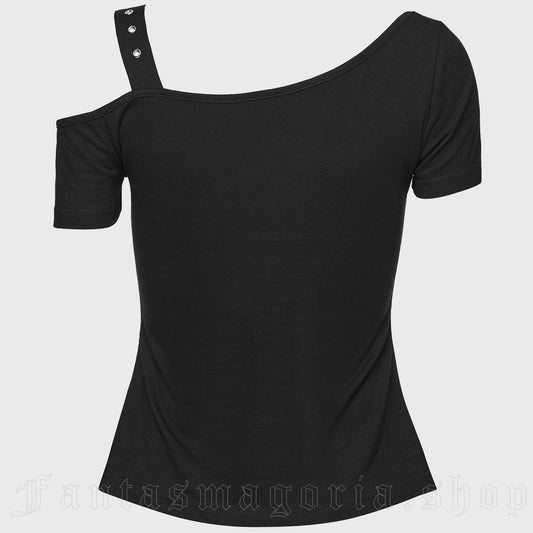 Schwarzes, asymmetrisches Gothic-Oberteil Libra Hex Top im Off-Shoulder-Stil mit Mesh-Einsätzen und Ösen-Details von Punk Rave