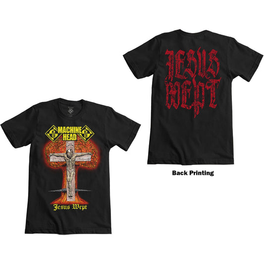 Lizensiertes Machine Head Jesus Wept Bandshirt mit Print eines gekreuzigtem Jesus vor einer Explosion, sowie einer großen, roten 'Jesus Wept'-Aufschrift auf der Rückseite